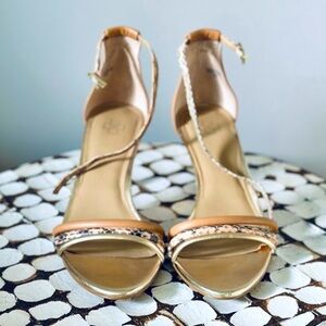 Nude, gold, and snakeskin leather strappy high-heel sandals